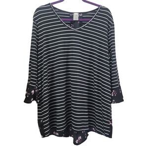 Terra & Sky Black White Stripe Lace‎ Up Back Floral Ruffle Top Size 1X